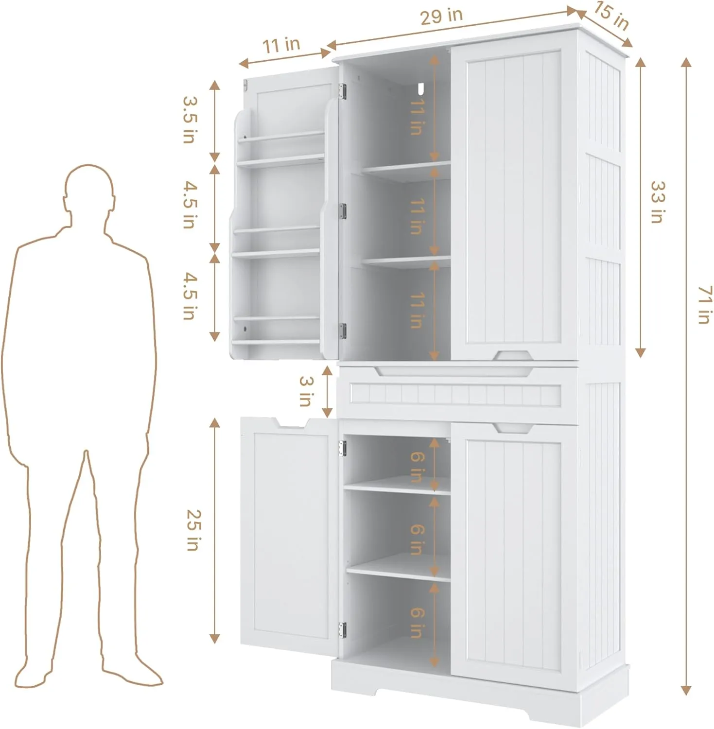 Gizoon 71" Tall Kitchen Pantry Cabinet with Doors and Shelves Large Stand Up Pantry Storage Cabinet with Drawer Large Food Cupboard Storage Cabinet for Kitchen Bathroom Craft Room, White