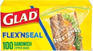 Glad Flex'N Seal Food Storage Plastic Bags, Sandwich, 100 Count, Pack of 4 (Package May Vary)