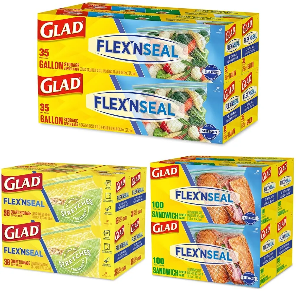 Glad Flex'N Seal Plastic Food Storage Bags Variety Bundle - Sandwich (100ct), Quart (38ct/4-Pack), Gallon (35ct/4-Pack) Sizes