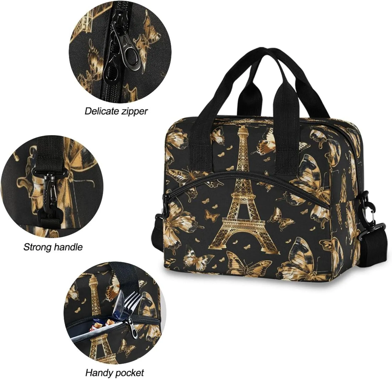 Gold Butterflies Eiffel Tower Lunch Bag, Insulated Lunch Tote Bags Cooler Reusable Lunch Box Food Container with Adjustable Shoulder Strap for Women Men Adults