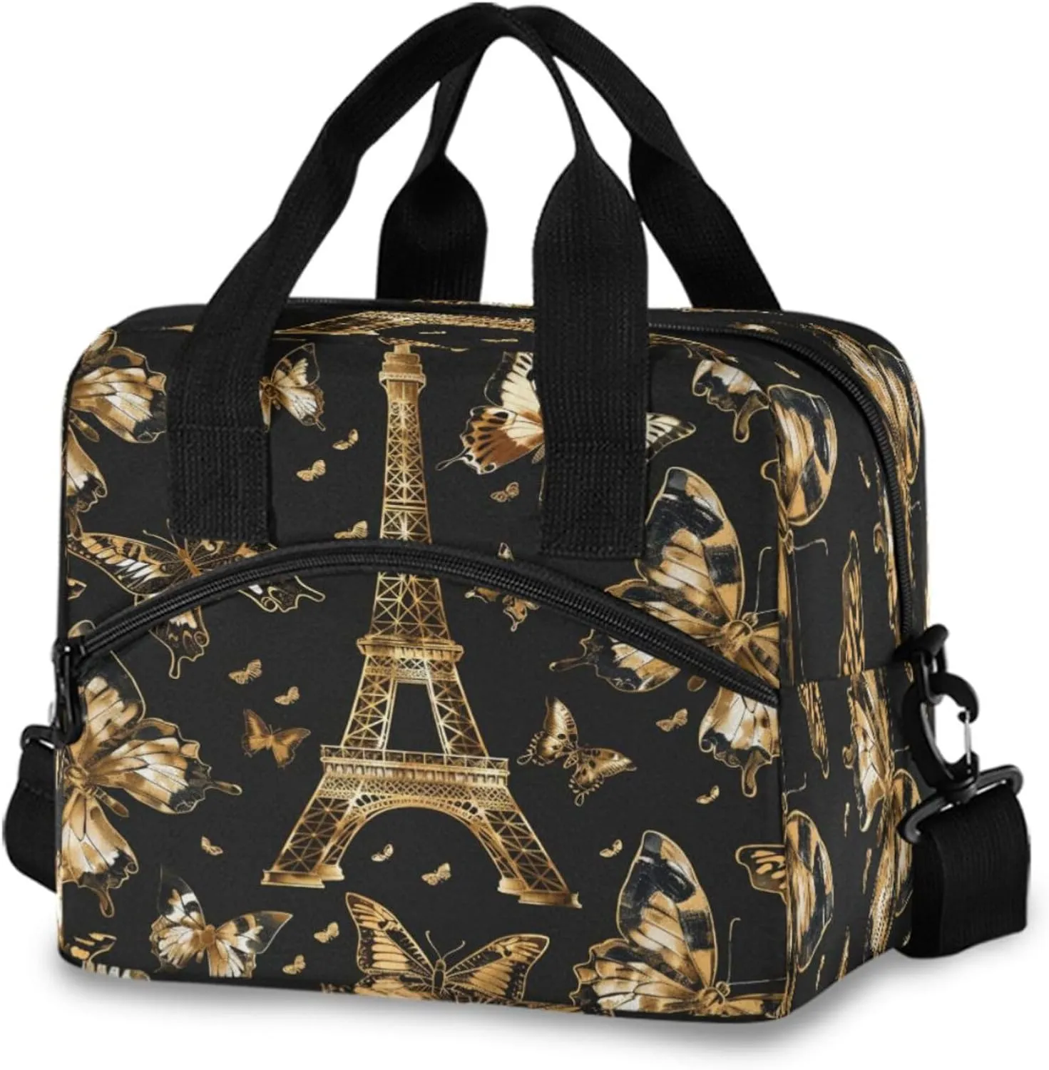 Gold Butterflies Eiffel Tower Lunch Bag, Insulated Lunch Tote Bags Cooler Reusable Lunch Box Food Container with Adjustable Shoulder Strap for Women Men Adults