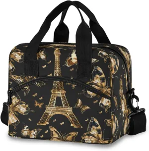 Gold Butterflies Eiffel Tower Lunch Bag, Insulated Lunch Tote Bags Cooler Reusable Lunch Box Food Container with Adjustable Shoulder Strap for Women Men Adults