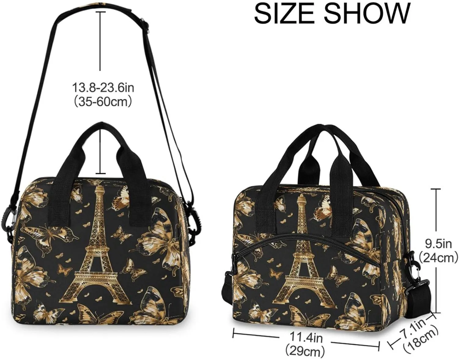 Gold Butterflies Eiffel Tower Lunch Bag, Insulated Lunch Tote Bags Cooler Reusable Lunch Box Food Container with Adjustable Shoulder Strap for Women Men Adults