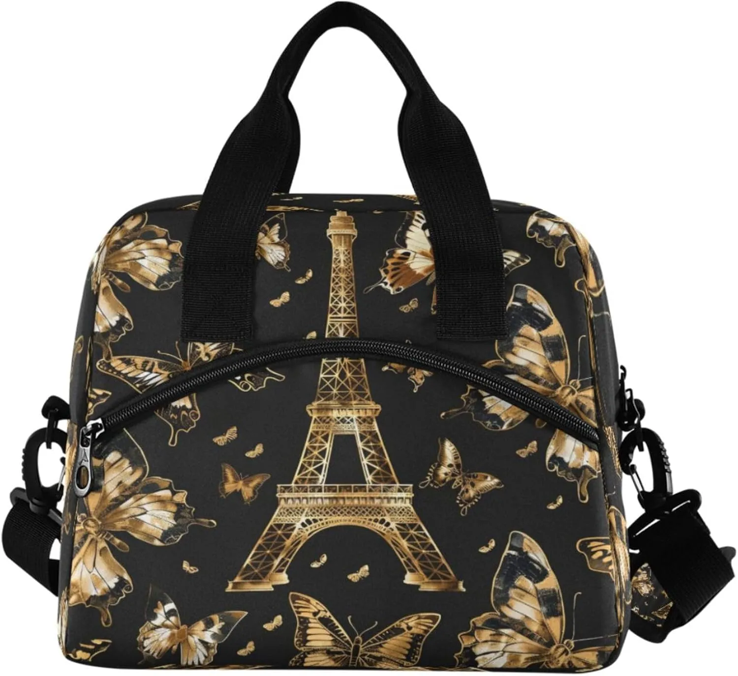 Gold Butterflies Eiffel Tower Lunch Bag, Insulated Lunch Tote Bags Cooler Reusable Lunch Box Food Container with Adjustable Shoulder Strap for Women Men Adults