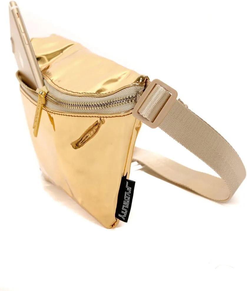 Gold Fanny Pack for Women | Single Pocket Fanny Pack One Pocket | Sparkly Fanny Packs | Gold Belt Bag | Metallic Glitter Sequin Waist Pack | 80s Cute Rave Fanny Pak Crossbody Small Para Mujer