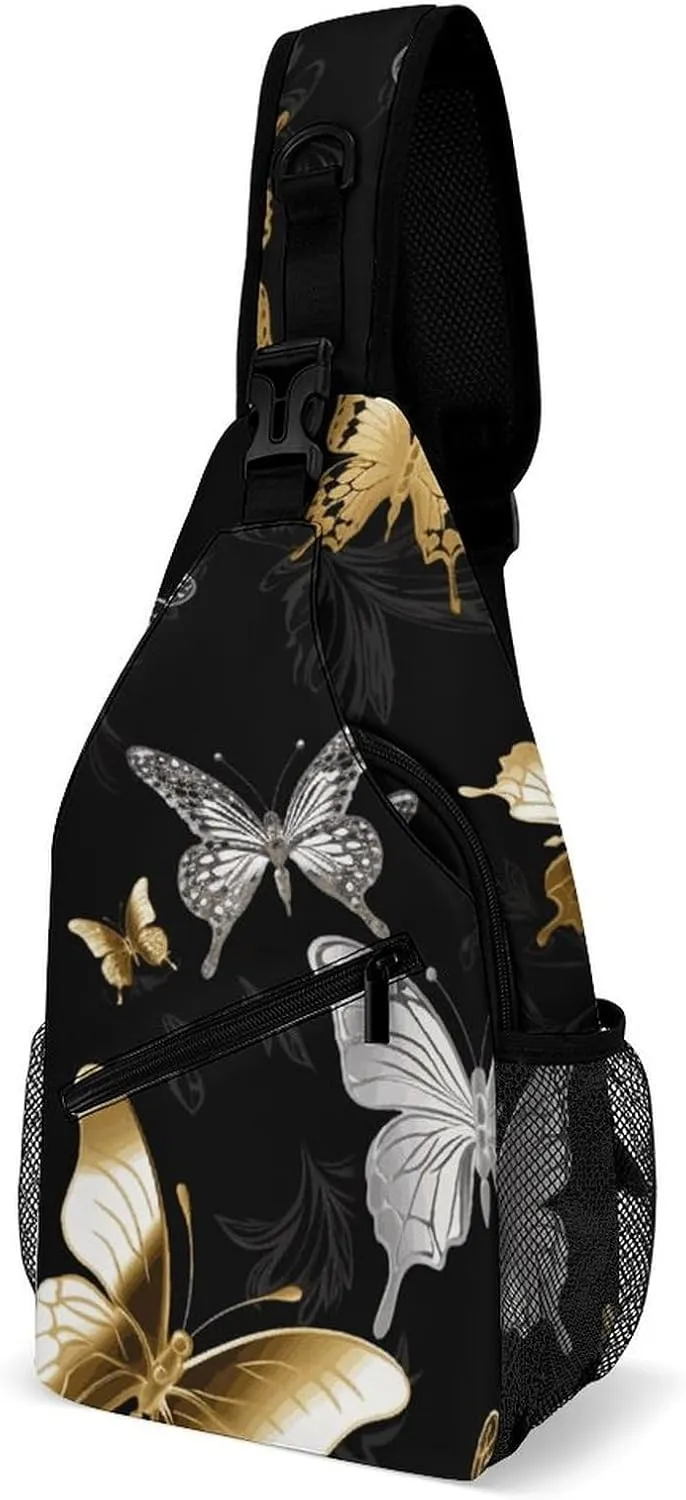 Gold White Butterflies Black Sling Bag Crossbody Bags Cross Body Bag Fanny Packs Chest Bags Sling Purses for Travel