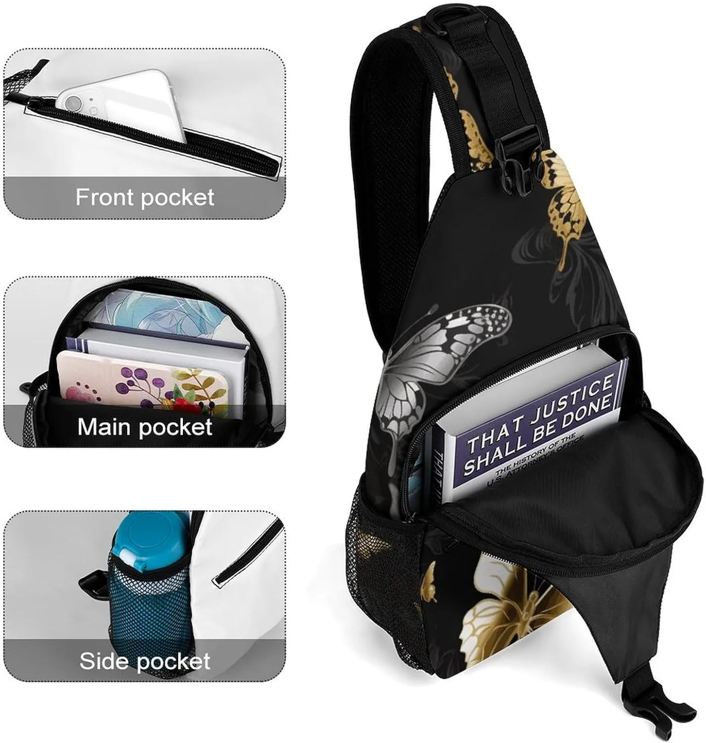 Gold White Butterflies Black Sling Bag Crossbody Bags Cross Body Bag Fanny Packs Chest Bags Sling Purses for Travel