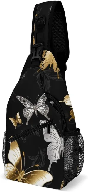 Gold White Butterflies Black Sling Bag Crossbody Bags Cross Body Bag Fanny Packs Chest Bags Sling Purses for Travel