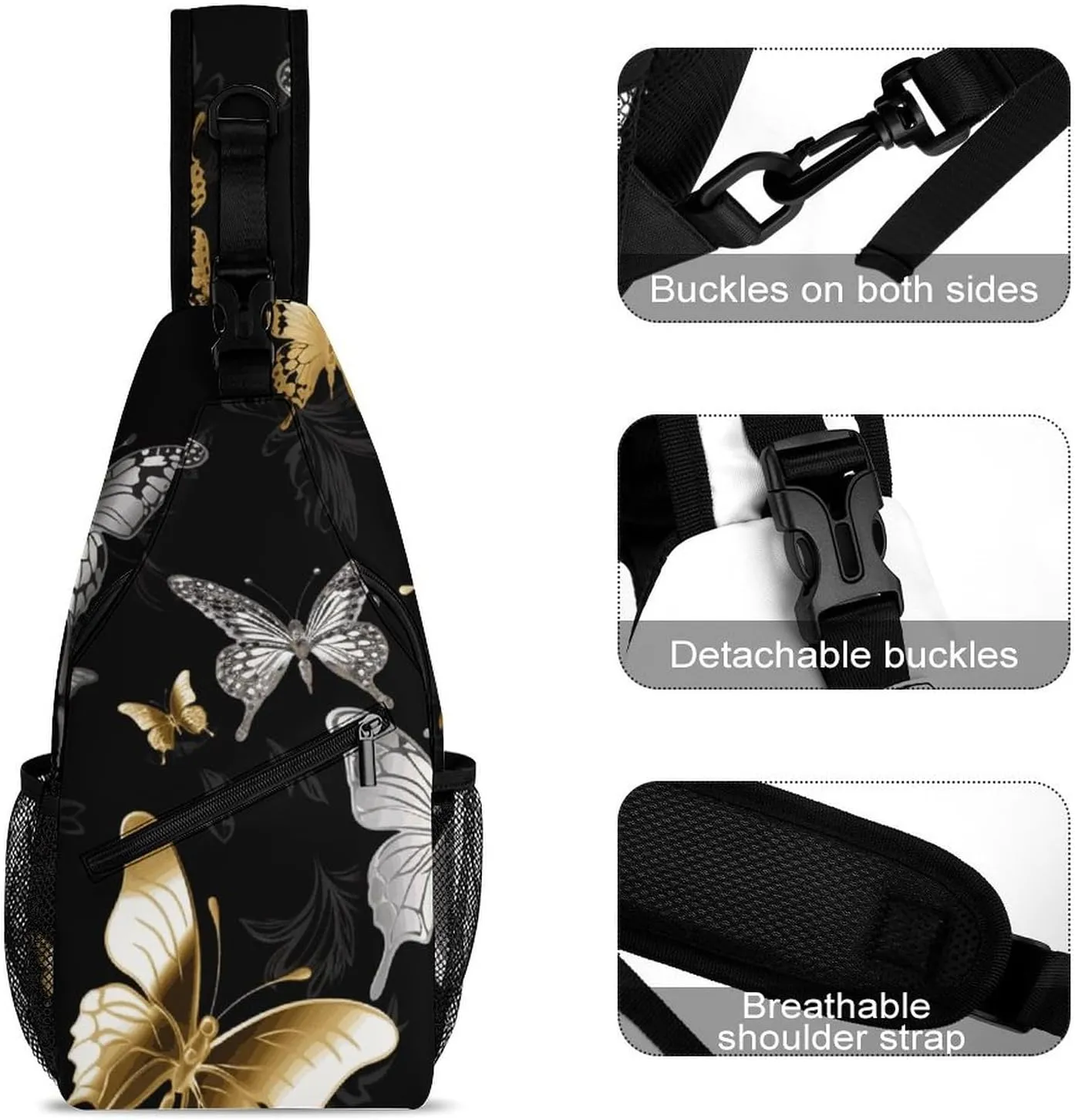 Gold White Butterflies Black Sling Bag Crossbody Bags Cross Body Bag Fanny Packs Chest Bags Sling Purses for Travel