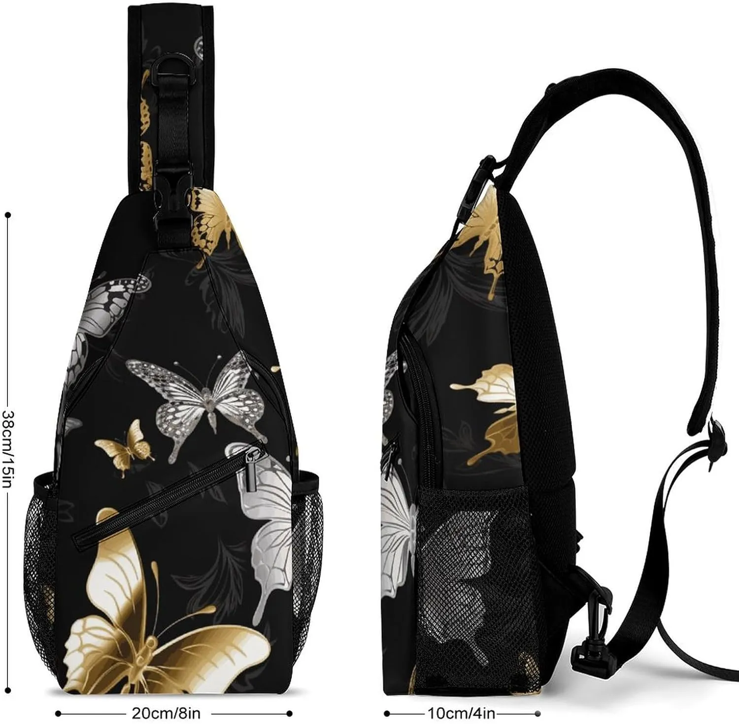 Gold White Butterflies Black Sling Bag Crossbody Bags Cross Body Bag Fanny Packs Chest Bags Sling Purses for Travel