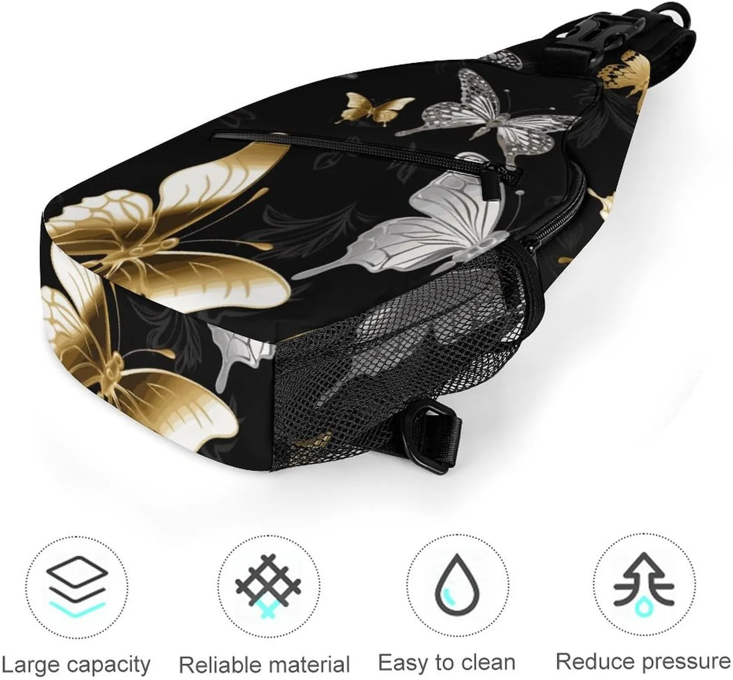 Gold White Butterflies Black Sling Bag Crossbody Bags Cross Body Bag Fanny Packs Chest Bags Sling Purses for Travel