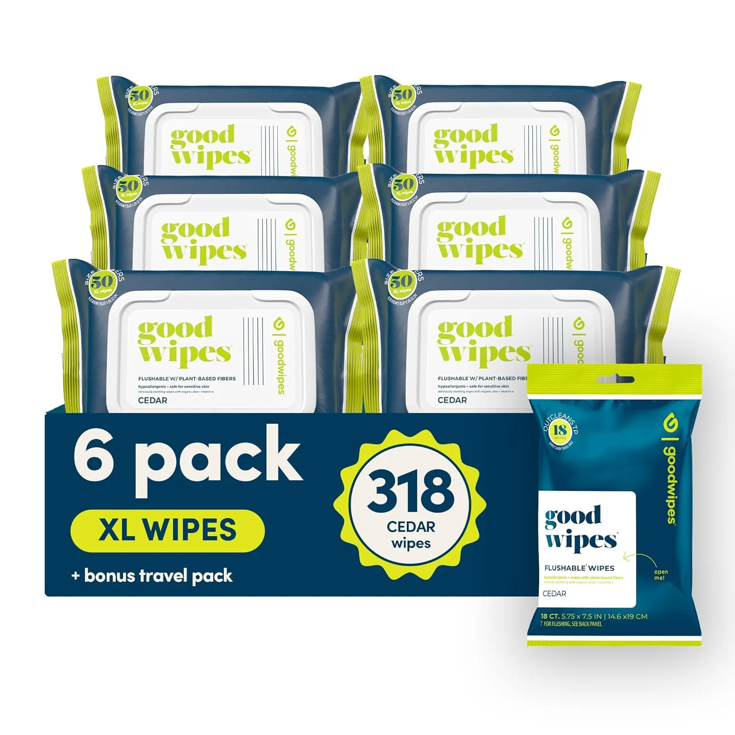 Goodwipes Flushable Butt Wipes - Vitamin E & Aloe - Sewer & Septic Safe - Extra Large Adult Wet Wipes For Women & Men - Bathroom Essentials - Cedar, 318 Count (6 Packs   1 Travel)