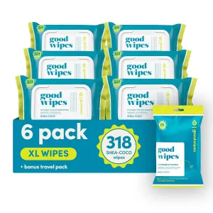 Goodwipes Flushable Butt Wipes - Vitamin E & Aloe - Sewer & Septic Safe - Extra Large Adult Wet Wipes For Women & Men - Bathroom Essentials - Shea Coco, 318 Count (6 Packs   1 Travel)