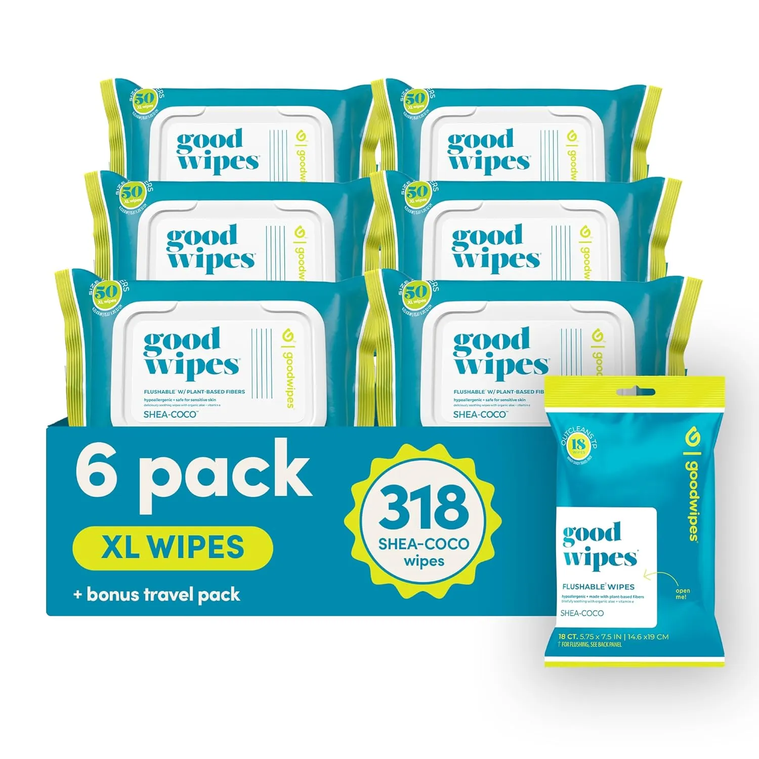 Goodwipes Flushable Butt Wipes - Vitamin E & Aloe - Sewer & Septic Safe - Extra Large Adult Wet Wipes For Women & Men - Bathroom Essentials - Shea Coco, 318 Count (6 Packs   1 Travel)