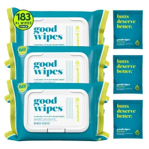 goodwipes Flushable Butt Wipes - Vitamin E & Aloe - Soft & Gentle Wet Wipe Dispenser, Septic & Sewer Safe - Largest Adult Toilet Towelettes - Shea-Coco, 180 Count (3 Packs)   3 Individually Wrapped
