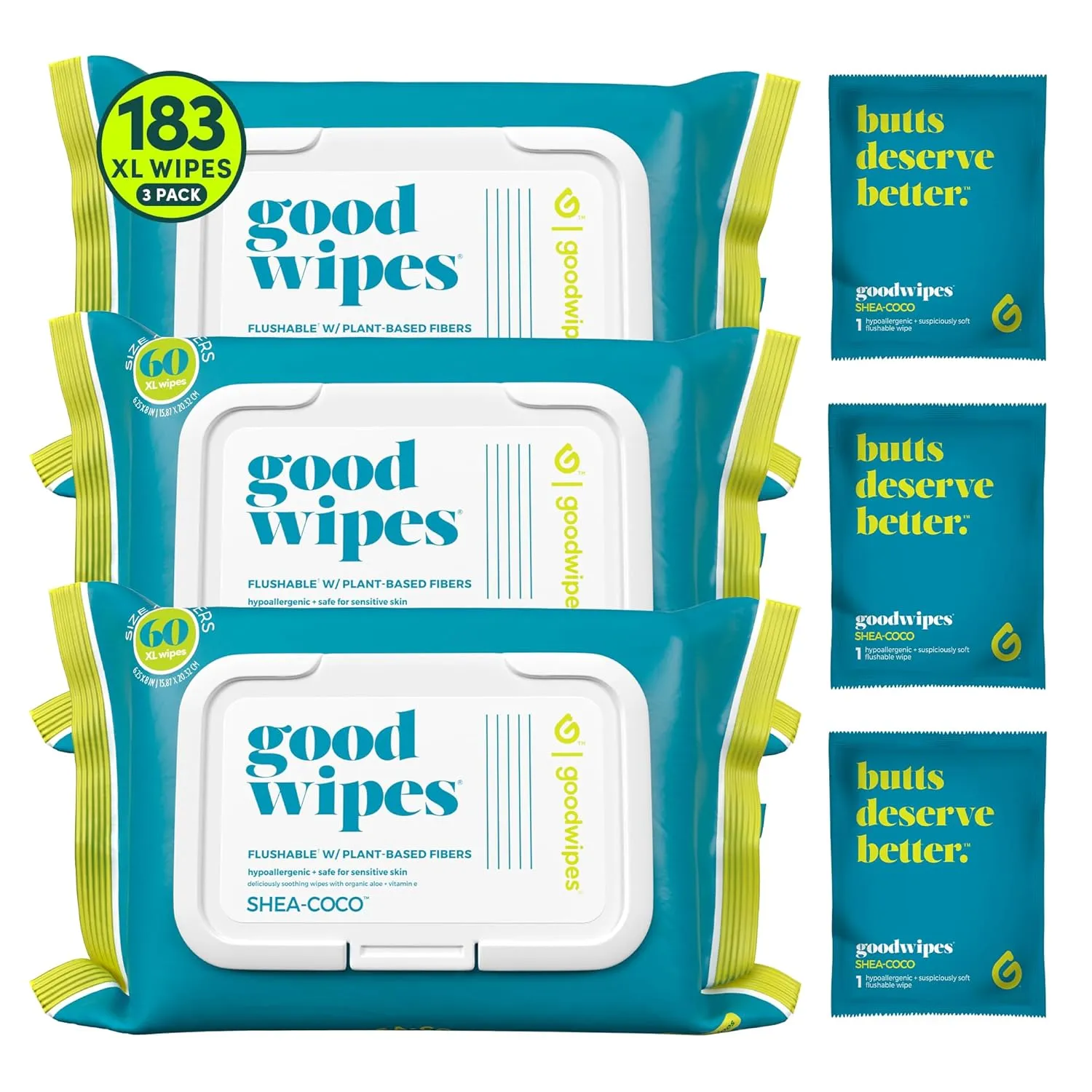 goodwipes Flushable Butt Wipes - Vitamin E & Aloe - Soft & Gentle Wet Wipe Dispenser, Septic & Sewer Safe - Largest Adult Toilet Towelettes - Shea-Coco, 180 Count (3 Packs)   3 Individually Wrapped