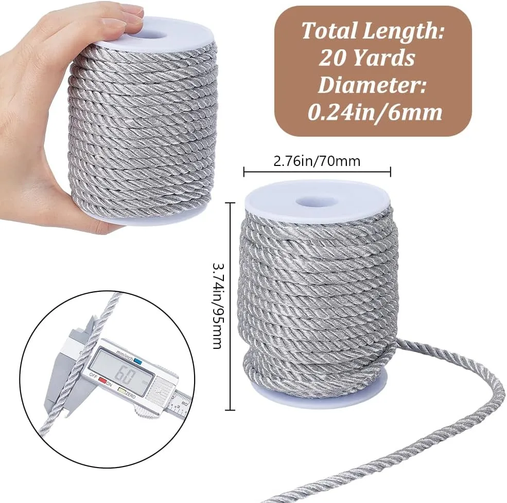 GORGECRAFT 60 Feet 6mm Silver Decorative Rope Cord Trim 3 Strand Braided Honor Cord Garden Twine Thread Strings for DIY Crafts Curtain Tieback Knotting Upholstery Gift Wrapping Supplies