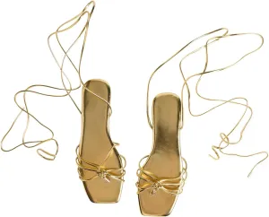 GORGLITTER Women's Lace Up Flat Sandals Gladiator Thong Sandals Ankle Strap Square Toe Summer Shoes