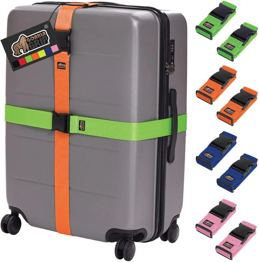 GORILLA GRIP Heavy Duty 8 Pack Adjustable Luggage Straps for Suitcases, Easy to Identify Travel Belt Connector Holds Suitcase Together, Extends Life of Bag, Strap Connects Two Bags, Multicolor Pack