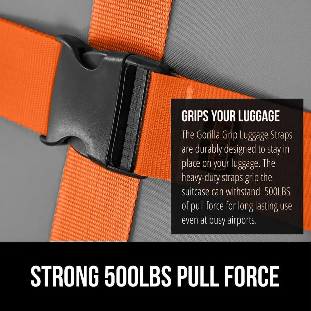 GORILLA GRIP Heavy Duty Adjustable Luggage Straps for Suitcases, Easy to Identify Travel Belt Connector Holds Suitcase Together, Extends Life of Bag, Strap Connects Two Bags, Accessories 2 Pack Orange