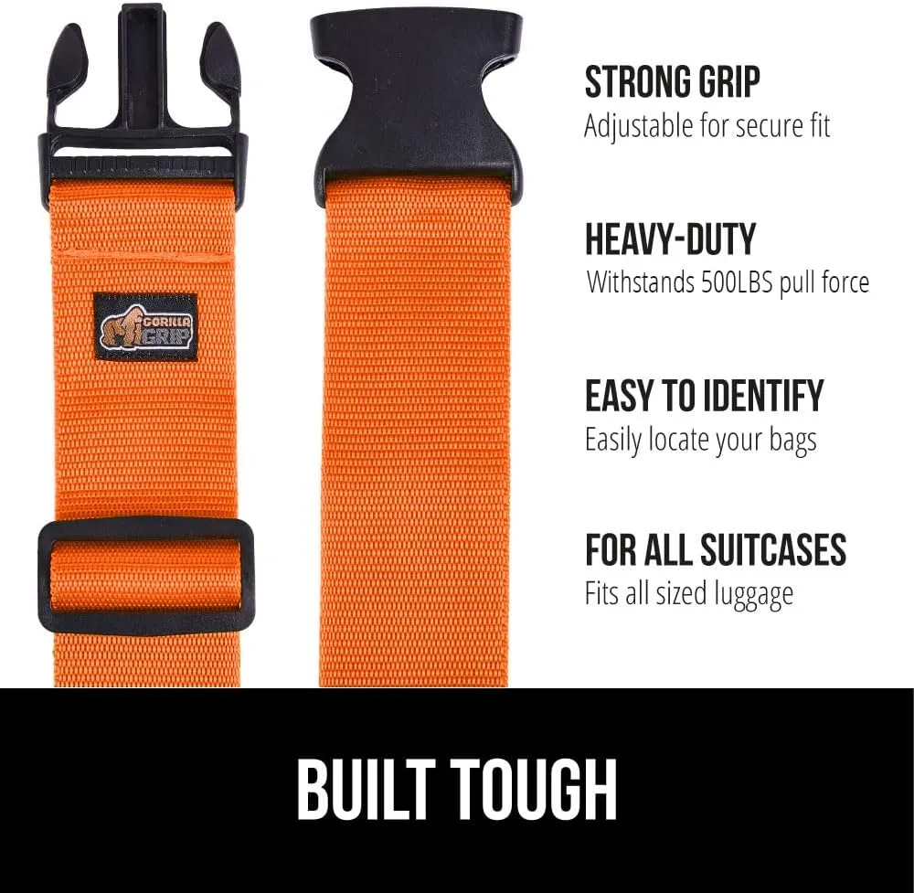 GORILLA GRIP Heavy Duty Adjustable Luggage Straps for Suitcases, Easy to Identify Travel Belt Connector Holds Suitcase Together, Extends Life of Bag, Strap Connects Two Bags, Accessories 2 Pack Orange