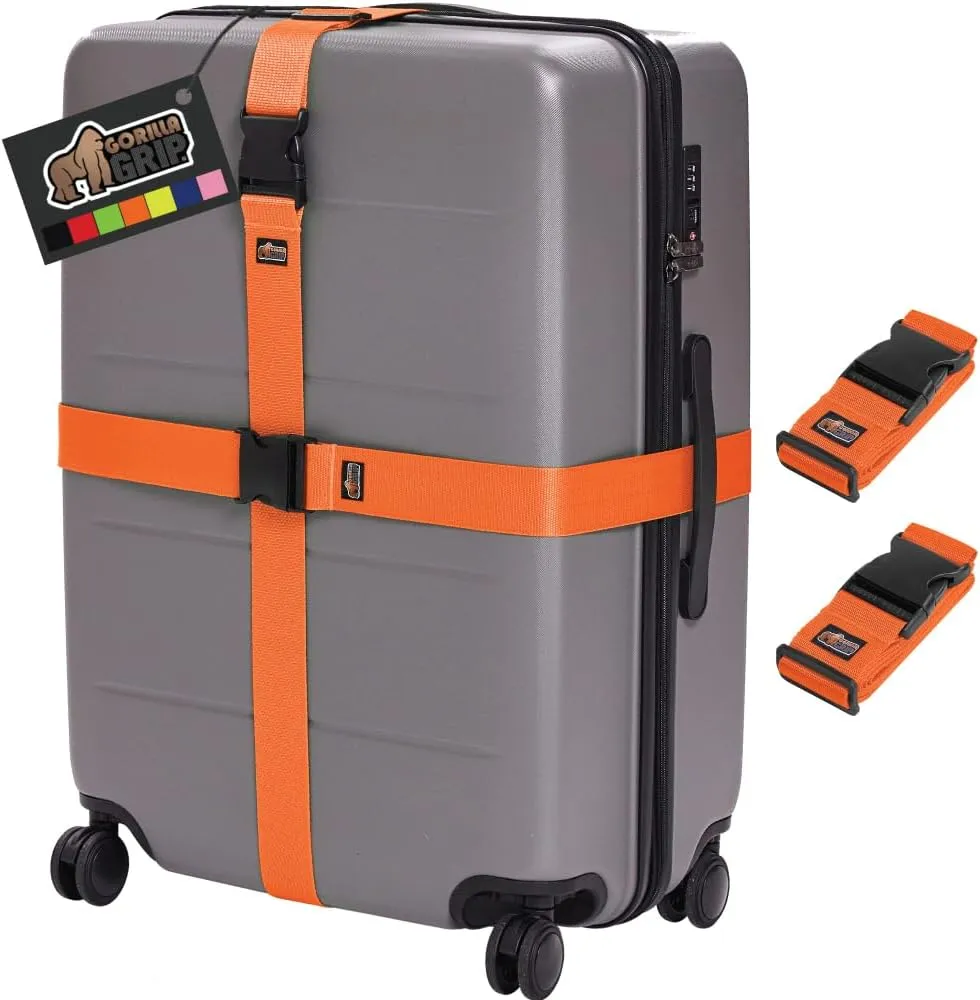 GORILLA GRIP Heavy Duty Adjustable Luggage Straps for Suitcases, Easy to Identify Travel Belt Connector Holds Suitcase Together, Extends Life of Bag, Strap Connects Two Bags, Accessories 2 Pack Orange