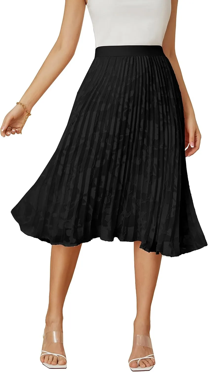 GRACE KARIN Women High Elastic Waist Pleated Chiffon Skirt Midi Swing A-line Skirts