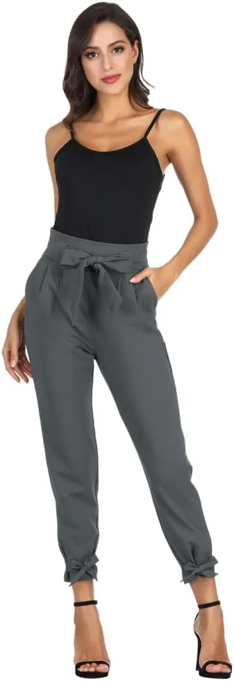GRACE KARIN Women's Casual Pants Solid High Waist Self Tie Belted Pencil Trouser