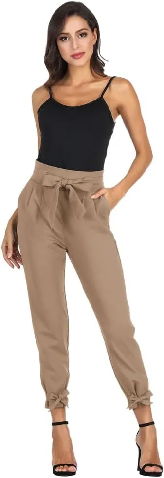 GRACE KARIN Women's Casual Pants Solid High Waist Self Tie Belted Pencil Trouser