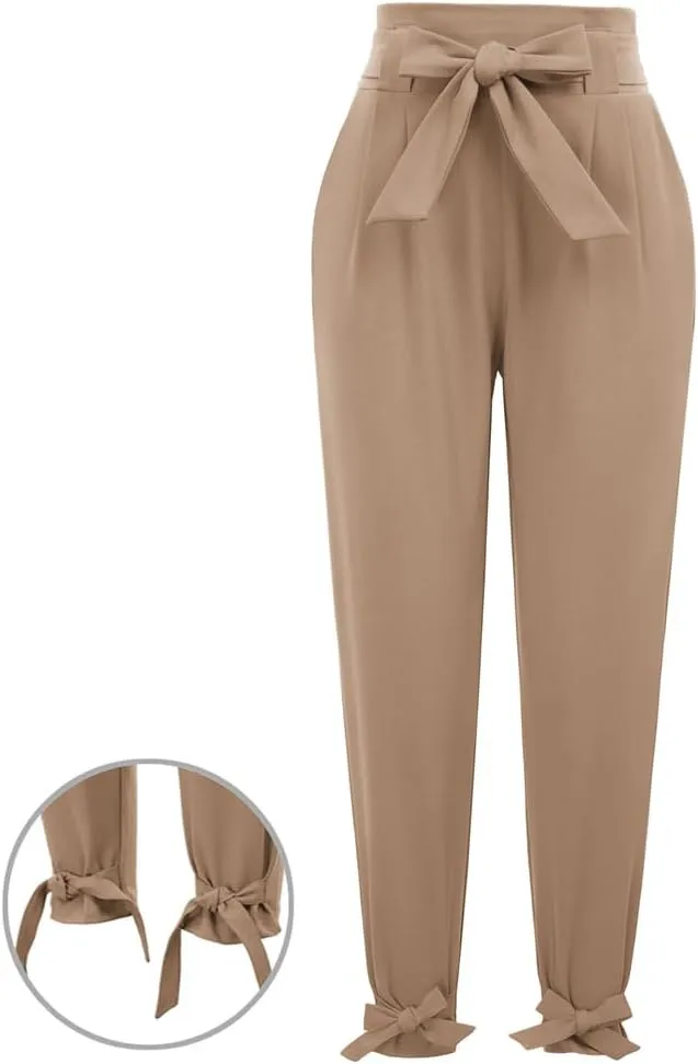 GRACE KARIN Women's Casual Pants Solid High Waist Self Tie Belted Pencil Trouser