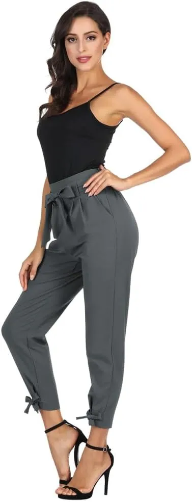 GRACE KARIN Women's Casual Pants Solid High Waist Self Tie Belted Pencil Trouser