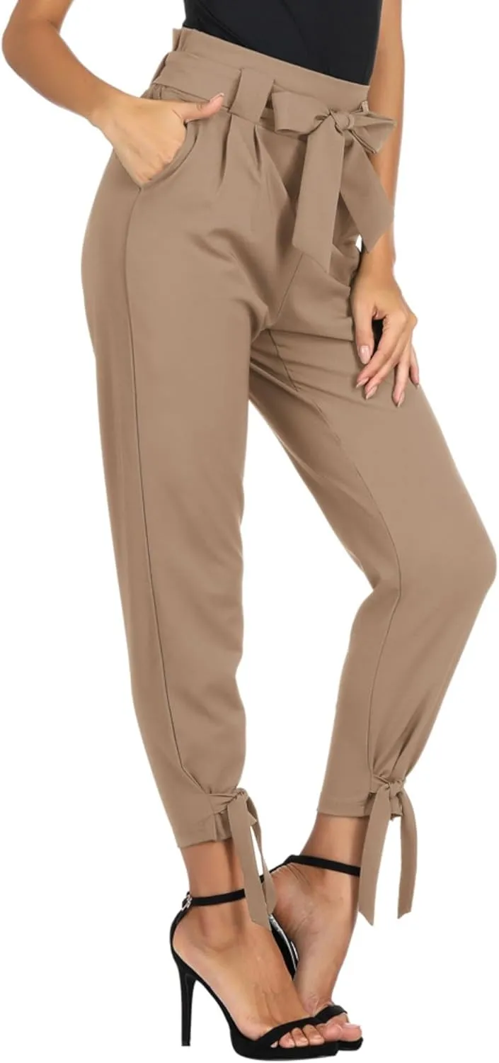 GRACE KARIN Women's Casual Pants Solid High Waist Self Tie Belted Pencil Trouser