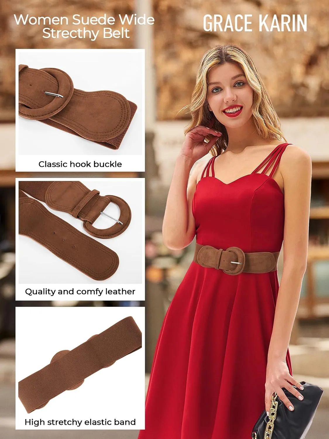 GRACE KARIN Women's Suede Elastic Belt Wide Stretchy Belt Vintage Chunky Buckle Belts S-XXL