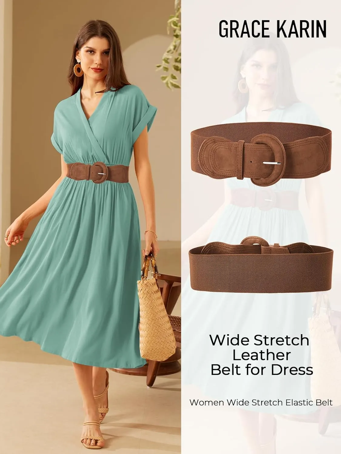 GRACE KARIN Women's Suede Elastic Belt Wide Stretchy Belt Vintage Chunky Buckle Belts S-XXL