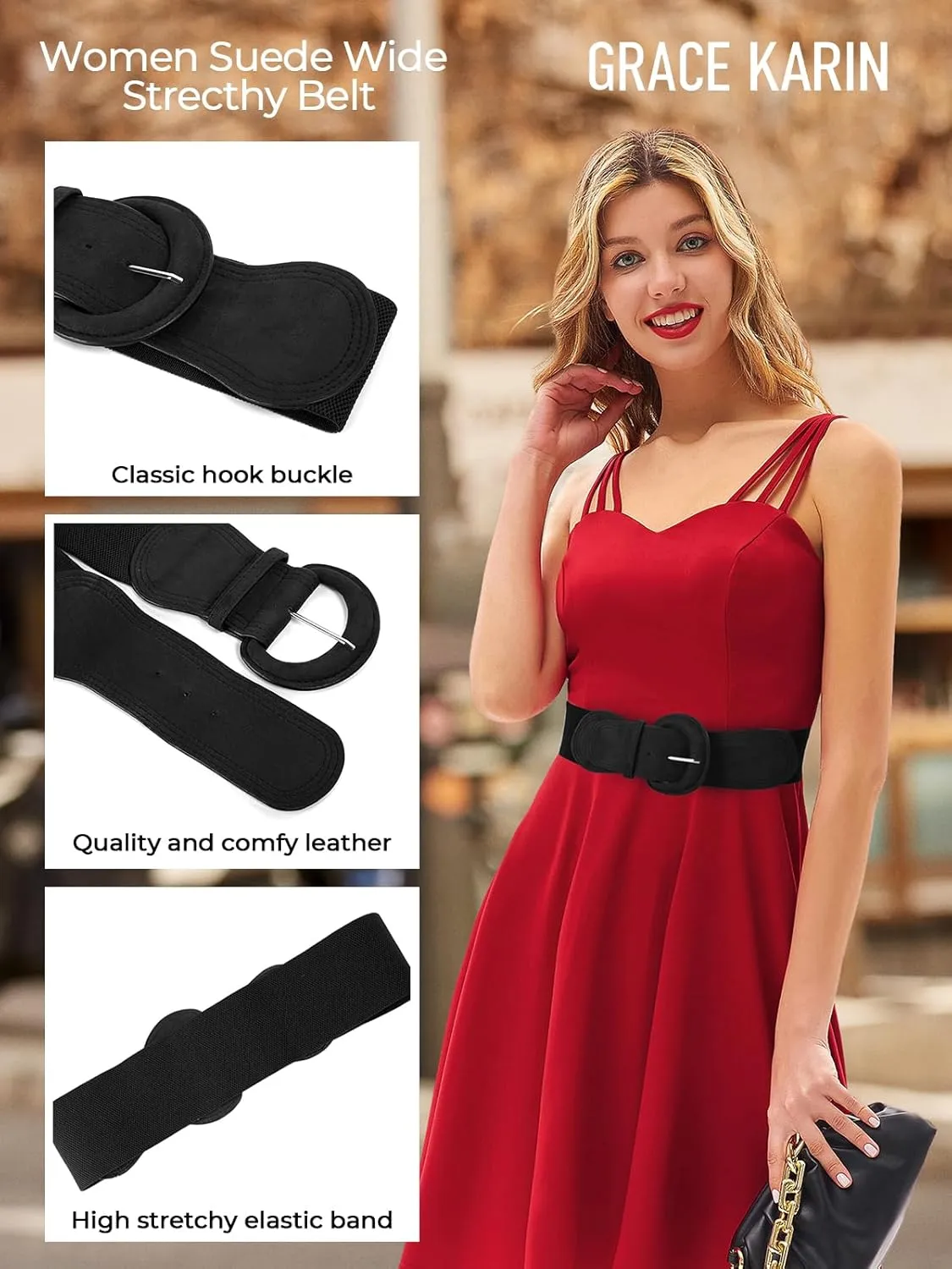 GRACE KARIN Women's Suede Elastic Belt Wide Stretchy Belt Vintage Chunky Buckle Belts S-XXL