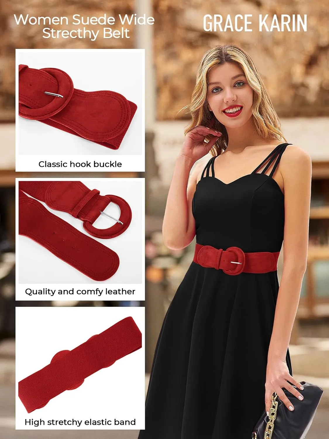 GRACE KARIN Women's Suede Elastic Belt Wide Stretchy Belt Vintage Chunky Buckle Belts S-XXL
