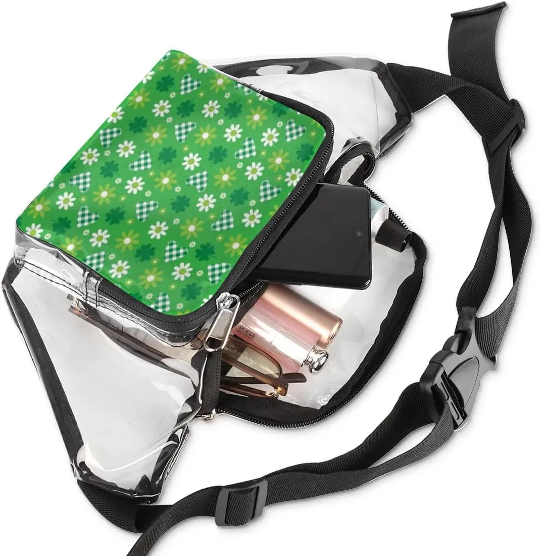 Green Hearts And Flowers Clear Fanny Pack Stadium Approved Clear Crossbody Belt Bag for Women Men Transparent Waist Bag with Adjustable Strap for Concerts Sports Events Travel