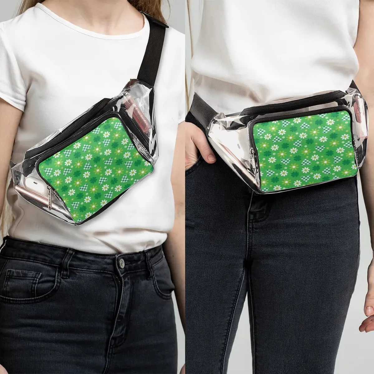Green Hearts And Flowers Clear Fanny Pack Stadium Approved Clear Crossbody Belt Bag for Women Men Transparent Waist Bag with Adjustable Strap for Concerts Sports Events Travel