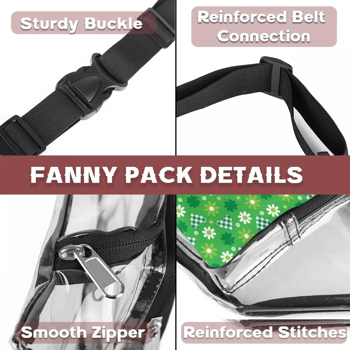 Green Hearts And Flowers Clear Fanny Pack Stadium Approved Clear Crossbody Belt Bag for Women Men Transparent Waist Bag with Adjustable Strap for Concerts Sports Events Travel