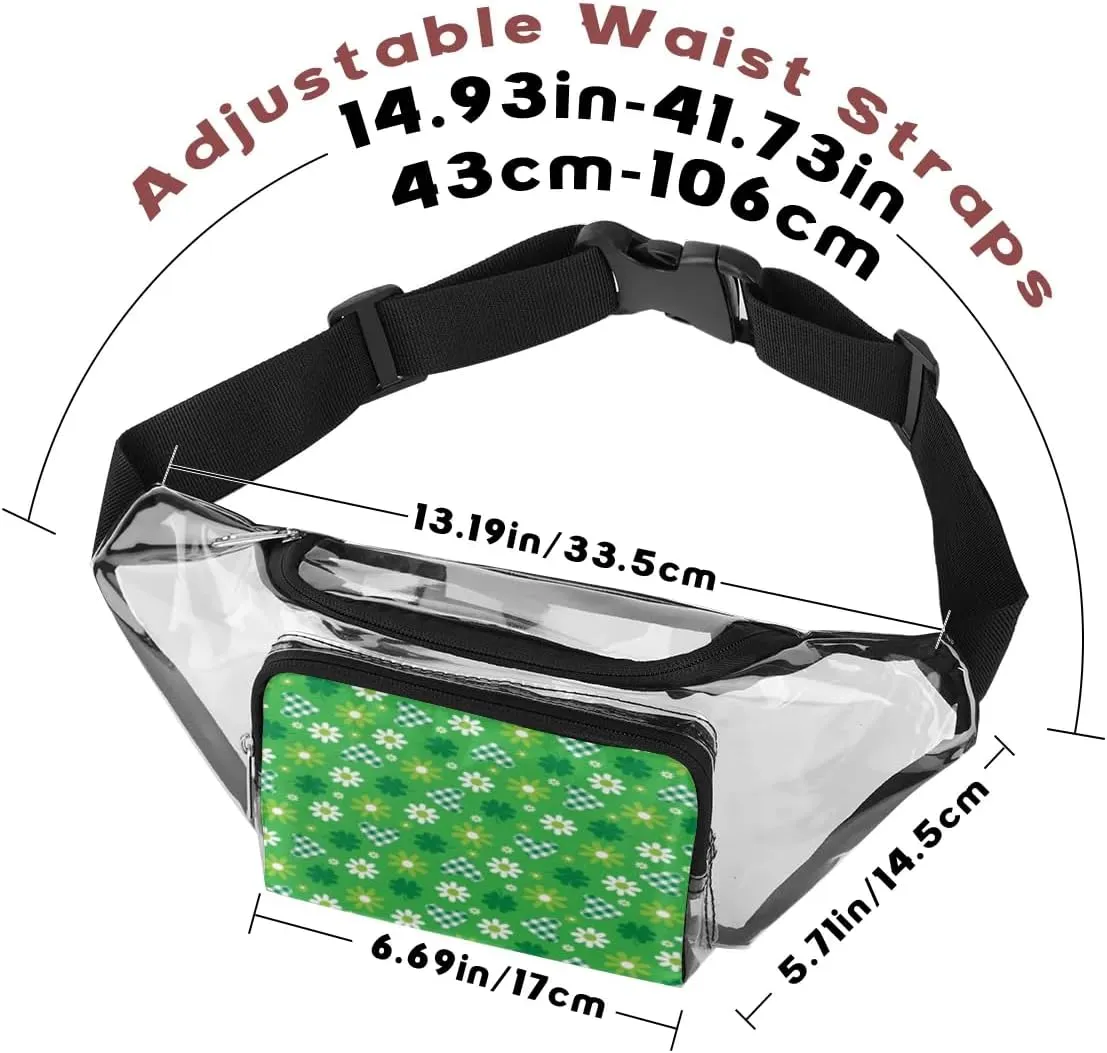Green Hearts And Flowers Clear Fanny Pack Stadium Approved Clear Crossbody Belt Bag for Women Men Transparent Waist Bag with Adjustable Strap for Concerts Sports Events Travel