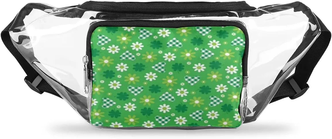 Green Hearts And Flowers Clear Fanny Pack Stadium Approved Clear Crossbody Belt Bag for Women Men Transparent Waist Bag with Adjustable Strap for Concerts Sports Events Travel