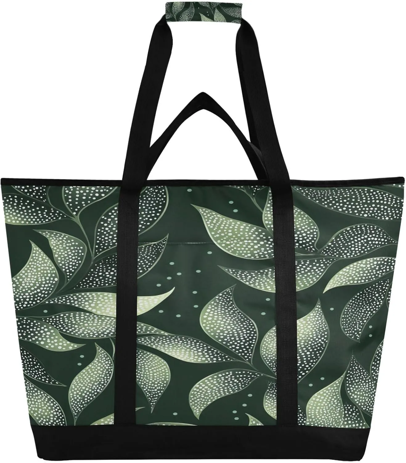 Green Leaves Reusable Insulated Lunchbox Cooler Bag, Leakproof Kitchen Grocery Bag Collapsible Portable Cooler Tote Bag for Picnic, Camping, Office, Travel
