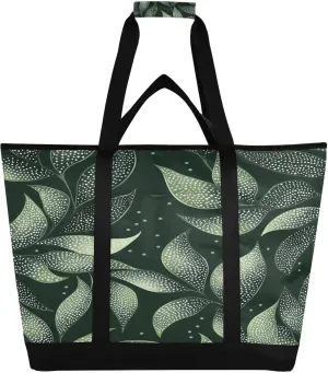 Green Leaves Reusable Insulated Lunchbox Cooler Bag, Leakproof Kitchen Grocery Bag Collapsible Portable Cooler Tote Bag for Picnic, Camping, Office, Travel