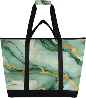 Green Liquid Marble Texture Reusable Insulated Lunchbox Cooler Bag, Leakproof Kitchen Grocery Bag Collapsible Portable Cooler Tote Bag for Picnic, Camping, Office, Travel
