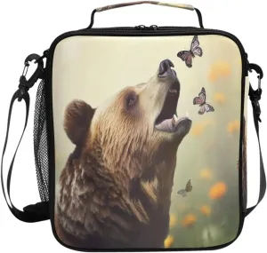 Grizzly Bear Butterflies Lunch Box Bag Large for Boys Girls Kid Insulated Lunch Bags Food Container Reusable Lunchbox Lunchbag with Adjustable Shoulder Strap for Women Men School Work Camping
