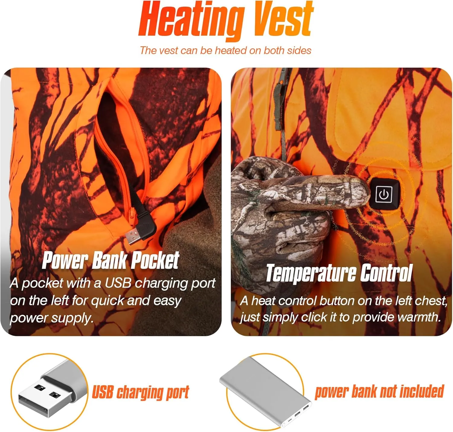 GUGULUZA Camo and Orange Reversible Heated Vest for Hunting, Lightweight Heating Game Safety Vest for Hiking