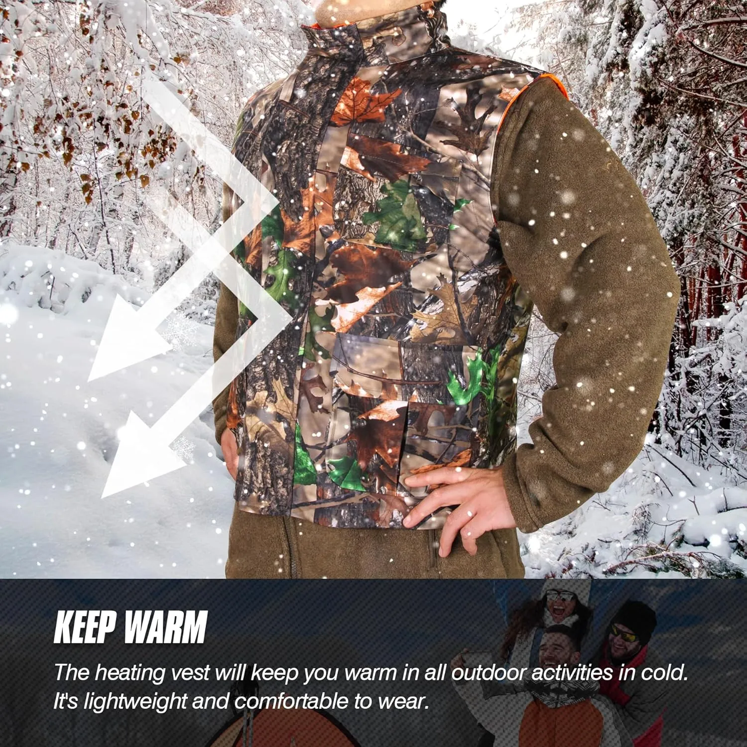GUGULUZA Camo and Orange Reversible Heated Vest for Hunting, Lightweight Heating Game Safety Vest for Hiking