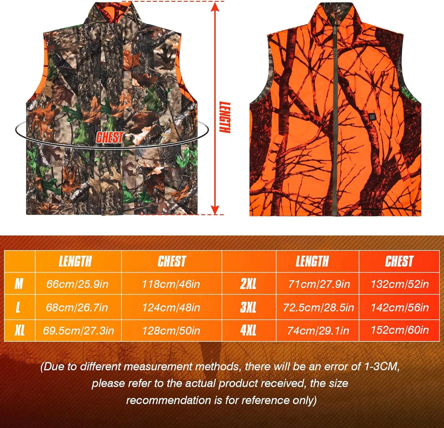 GUGULUZA Camo and Orange Reversible Heated Vest for Hunting, Lightweight Heating Game Safety Vest for Hiking
