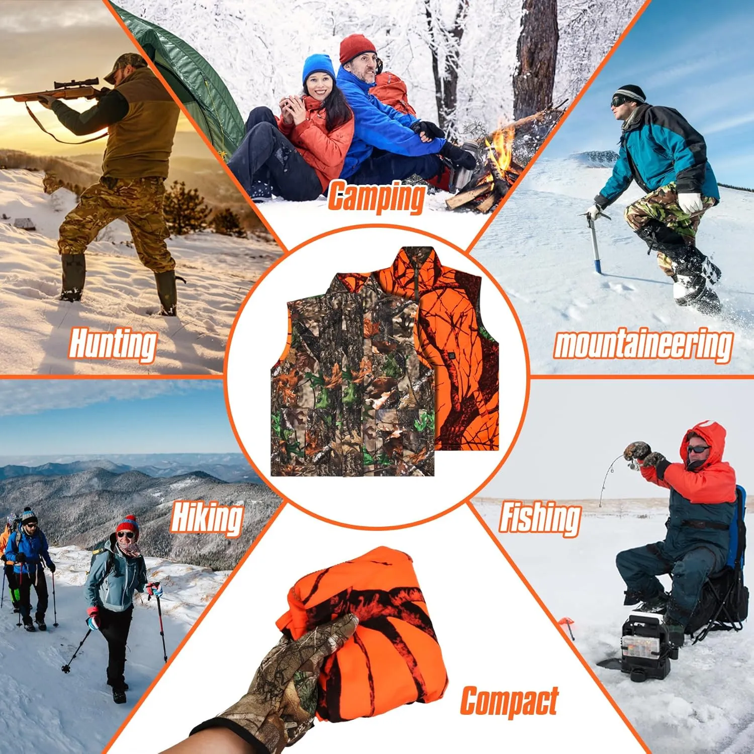 GUGULUZA Camo and Orange Reversible Heated Vest for Hunting, Lightweight Heating Game Safety Vest for Hiking
