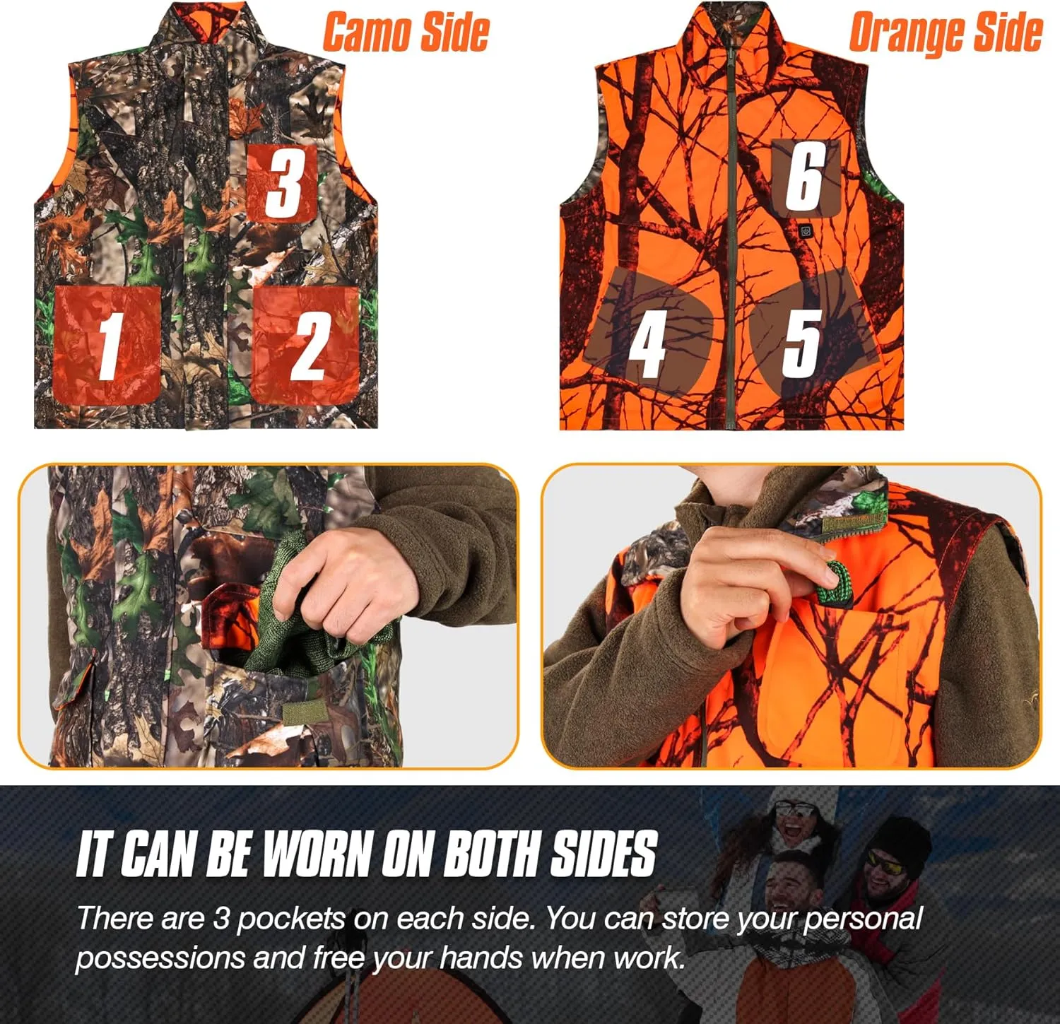 GUGULUZA Camo and Orange Reversible Heated Vest for Hunting, Lightweight Heating Game Safety Vest for Hiking